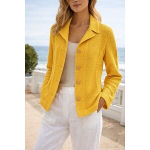 Akris Yellow Textured Knit Blazer Open Weave Cotton Silk Jacket 8 Resort Wear